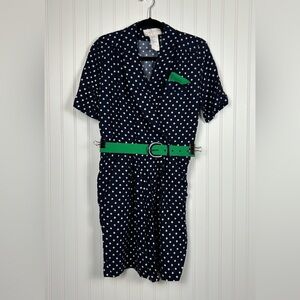 VTG 80s NancyG Navy White Polka Dot W/ Green Belt & Handkerchief Romper Size 12P